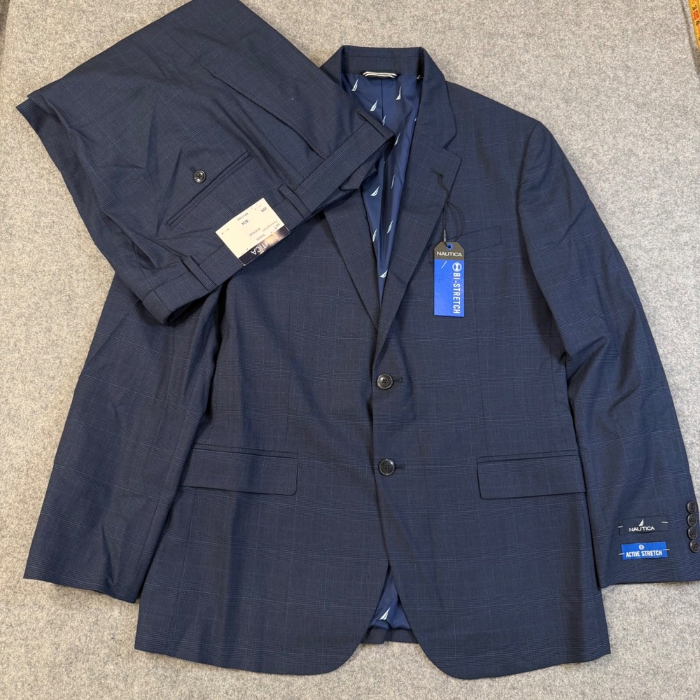 Nautica Mens 2-Piece Suit 40R W34 Blue Plaid Bi-Stretch Active GAFF NA00055